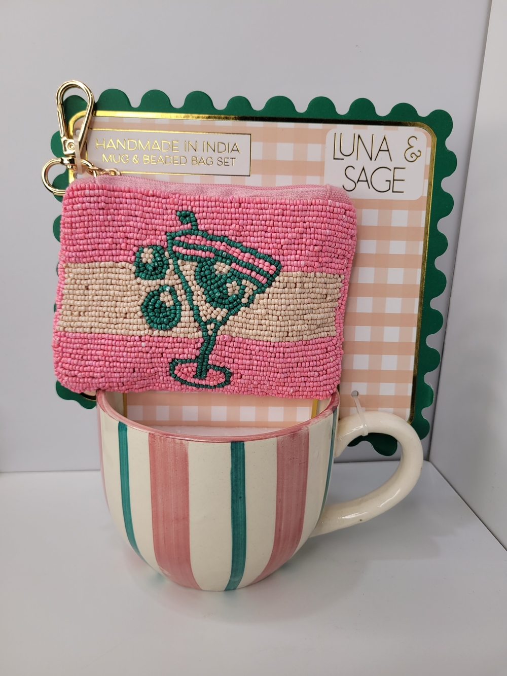👉✨️ Luna & Sage  2pc Striped Mug  Pink And  Beaded Martinu Print Coin Pouch